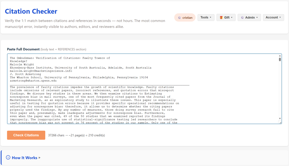 AiCitationChecker citation reference checker — paste full manuscript with REFERENCES section