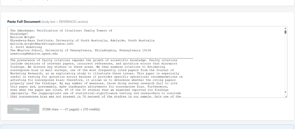 AiCitationChecker analyzing document — cross-checking citations against reference entries