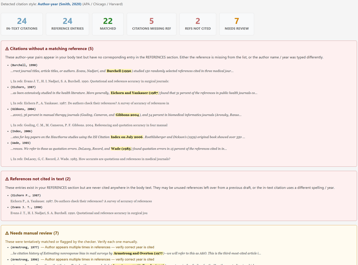 AiCitationChecker citation reference checker results — 22 matched, 5 missing ref, 2 not cited, 7 needs review