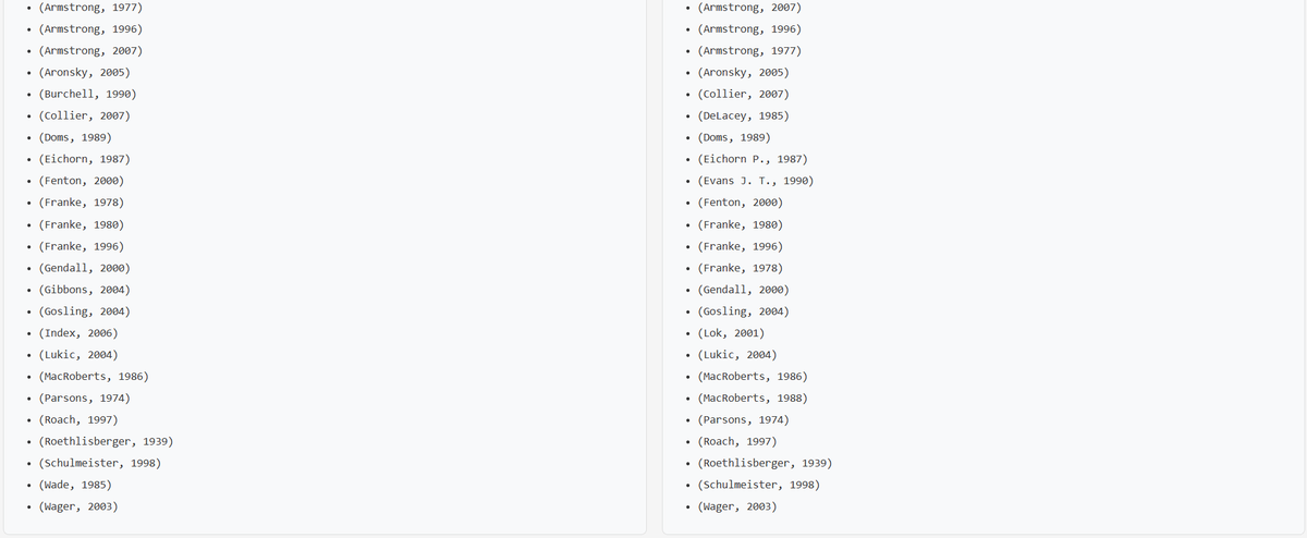 Complete list of all 24 in-text citations and 24 reference entries side by side for comparison