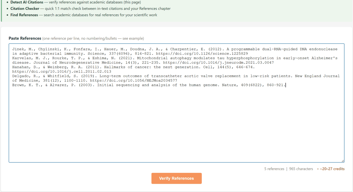 Wklejanie listy źródeł do AiCitationChecker w celu wykrycia zmyślonych lub sfabrykowanych przez AI cytowań