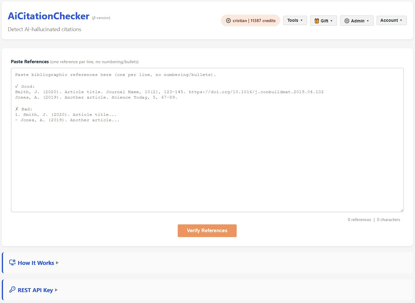 Pole wklejania bibliografii AiCitationChecker — wykrywanie halucynowanych cytowań AI