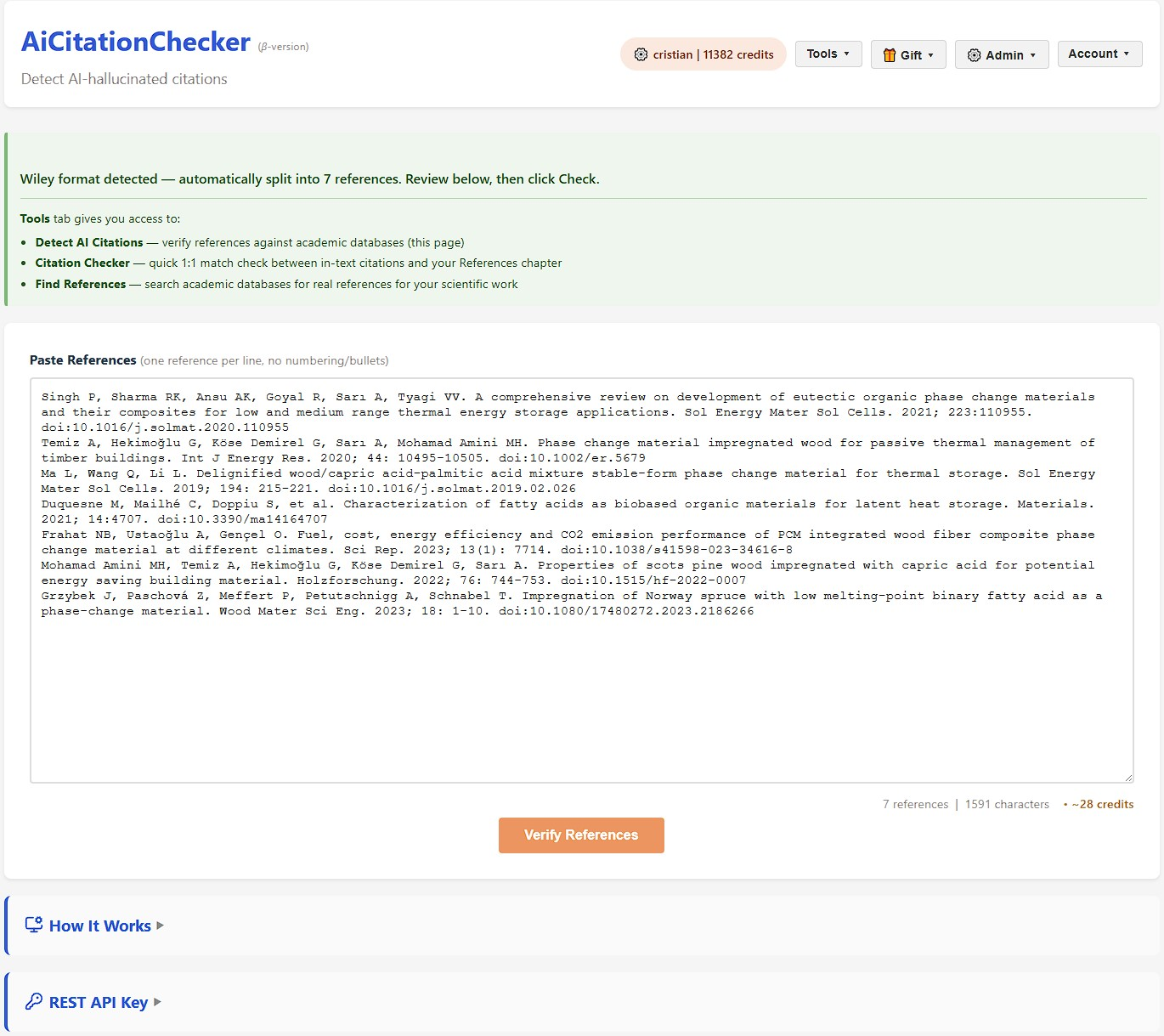 AiCitationChecker automatycznie wykrywa format Wiley AMA i dzieli 19 wierszy na 7 referencji
