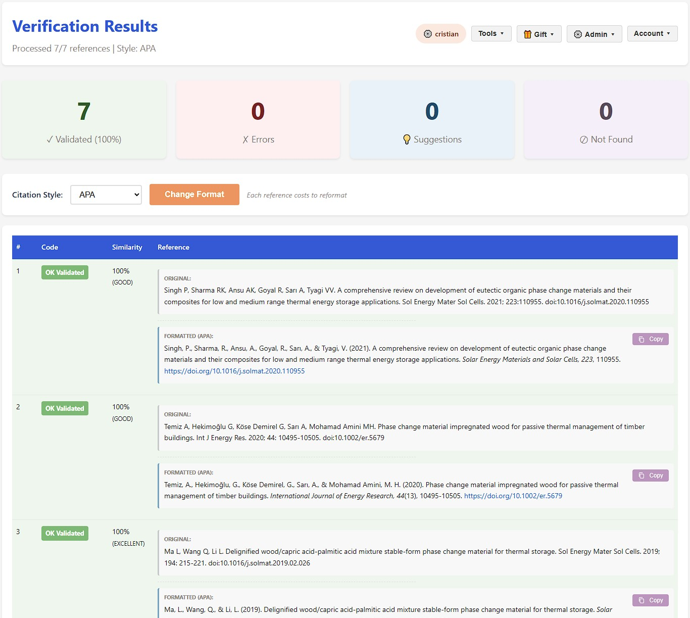 Wyniki weryfikacji AiCitationChecker pokazujące 7 z 7 referencji zatwierdzonych w CrossRef z wynikami podobieństwa